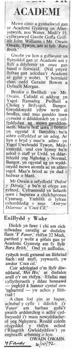 gwobr yr academi gymreig 1972